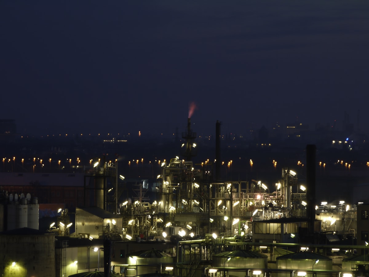 Industrial refinery operations at night